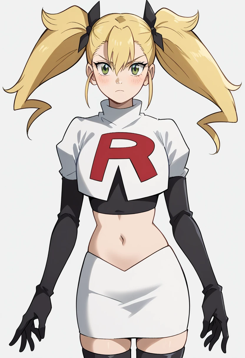 score_9, score_8_up, score_7_up, source_anime, kikoru shinomiya, long hair, blonde hair, ribbon, twintails, green eyes, hair between eyes,, blush, looking at viewer, solo,, cowboy shot, team rocket,team rocket uniform,white skirt,red letter R,crop top,black thigh-highs,black elbow gloves