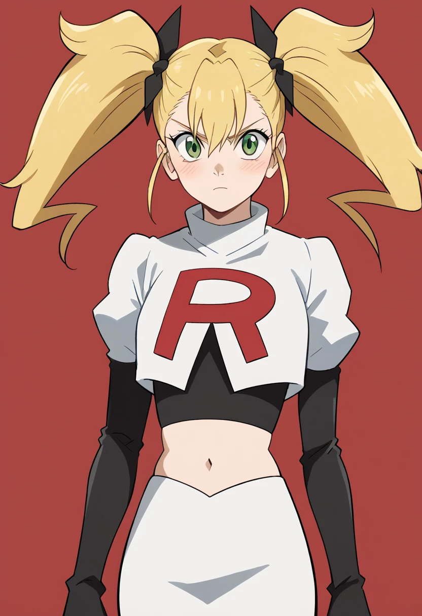 score_9, score_8_up, score_7_up, source_anime, kikoru shinomiya, long hair, blonde hair, ribbon, twintails, green eyes, hair between eyes,, blush, looking at viewer, solo,, cowboy shot, team rocket,team rocket uniform,white skirt,red letter R,crop top,black thigh-highs,black elbow gloves