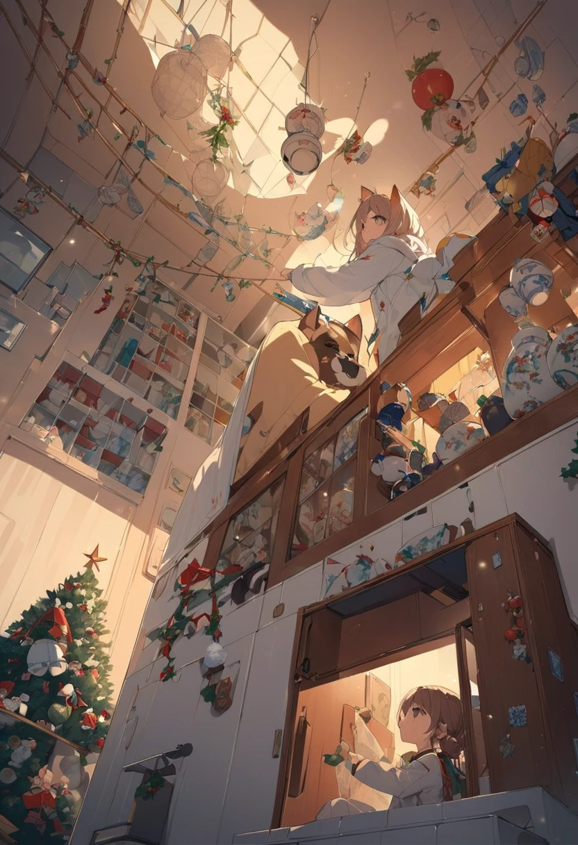  girl decorating a Christmas tree,  lots of old porcelain toys , близкий  angle view from below, warm evening , home atmosphere,  angle view from below,  high quality, next to a cat playing in a box with a garland 