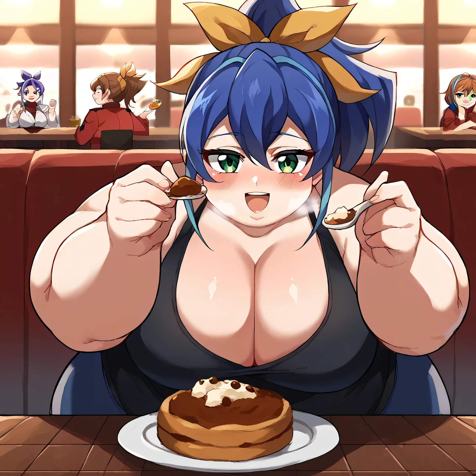 score_9, score_8_up, score_7_up, source_anime, yugiohserena, yugioh serena, blue hair, multicolored hair, ponytail, two-tone hair, green eyes, hair bow, ribbon, medium breasts, incoming food, spoon, holding, holding spoon, food, looking at viewer, open mouth, blush, smile, restaurant, plate, hand up,, ,cleavage, deep cleavage fat, chubby, obese, gigantic arms and legs, large breasts open mouth, out of breath