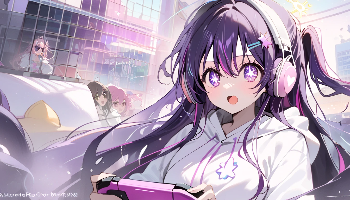 girl, Hoshino Ai, Stars in my eyes, black cap, purple long hair, white hoodie, pastel white ((heart)) sun glasses, wearing headphones, playing games.