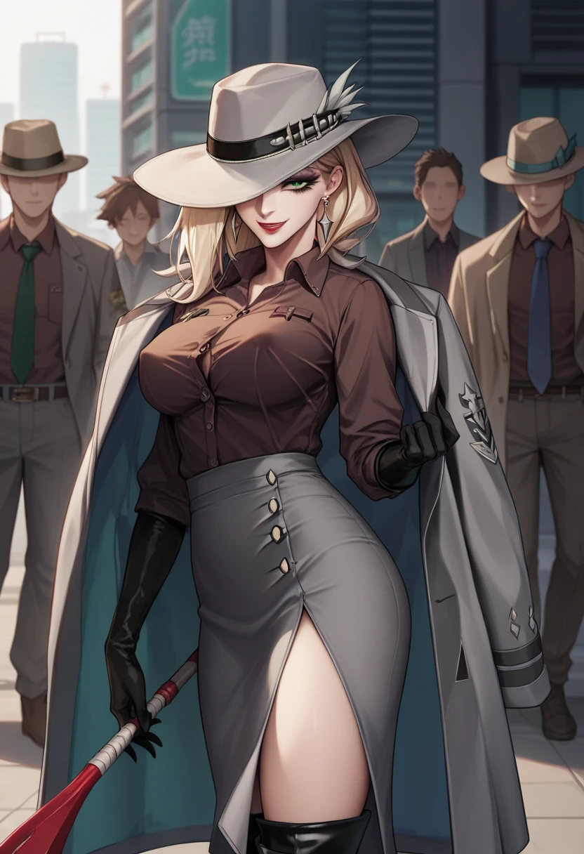  1girl, multiple man , brown shirt, collared shirt, grey coat, coat on shoulder, gloves, grey pencil skirt, long skirt, side slit, black thigh boots, thighs, makeup, red lips, hat over one eye, one eye covered, light smile, earrings, green eyes, in downtown,covered eract nipple, , unbuttoned shirt, large breast, in city