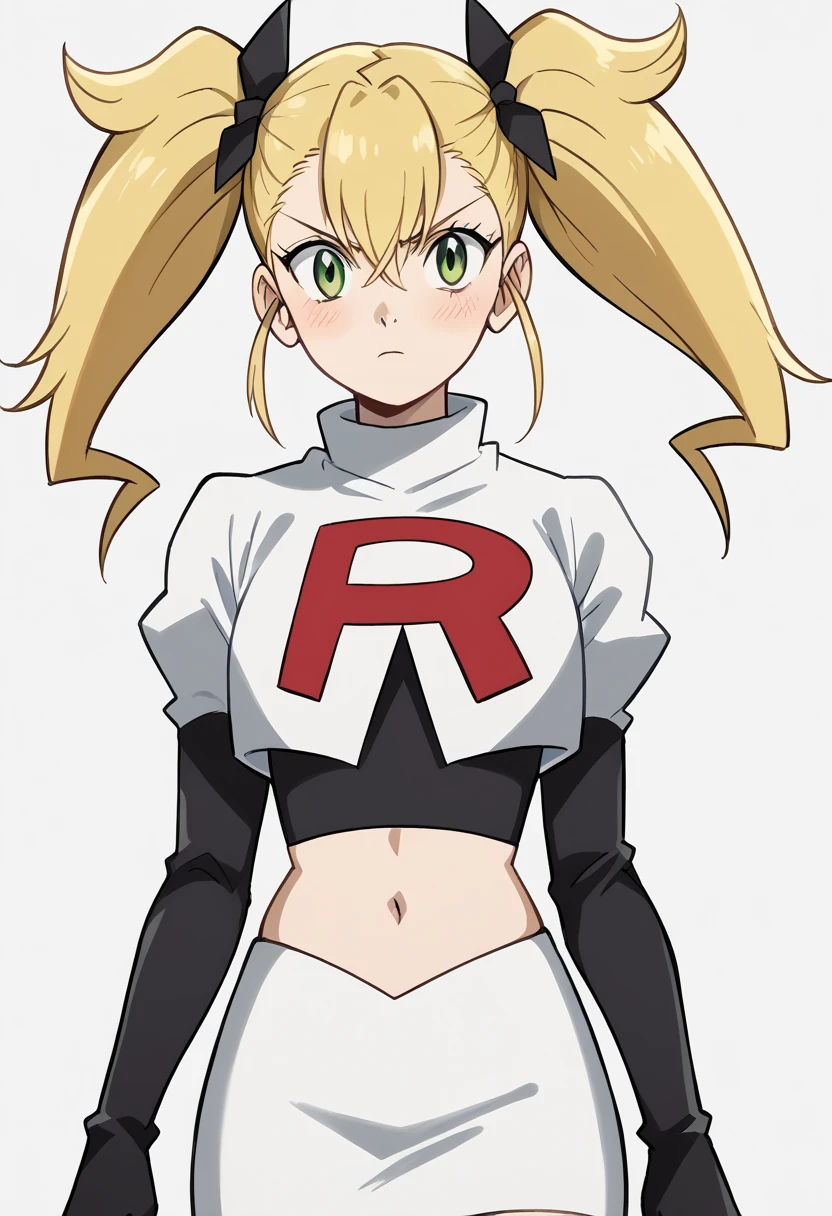 score_9, score_8_up, score_7_up, source_anime, kikoru shinomiya, long hair, blonde hair, ribbon, twintails, green eyes, hair between eyes,, blush, looking at viewer, solo,, cowboy shot, team rocket,team rocket uniform,white skirt,red letter R,crop top,black thigh-highs,black elbow gloves