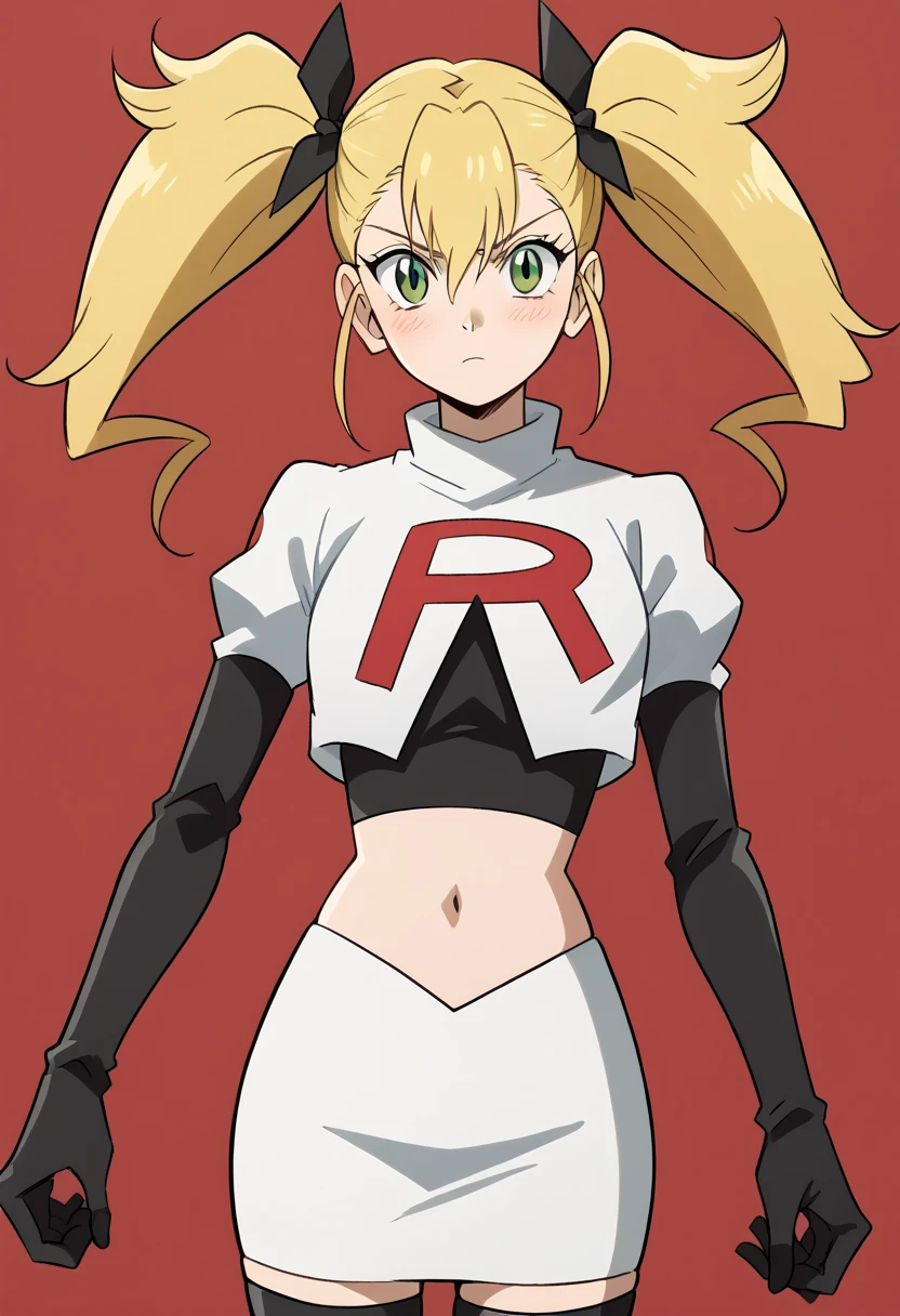 score_9, score_8_up, score_7_up, source_anime, kikoru shinomiya, long hair, blonde hair, ribbon, twintails, green eyes, hair between eyes,, blush, looking at viewer, solo,, cowboy shot, team rocket,team rocket uniform,white skirt,red letter R,crop top,black thigh-highs,black elbow gloves