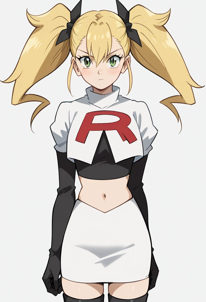 score_9, score_8_up, score_7_up, source_anime, kikoru shinomiya, long hair, blonde hair, ribbon, twintails, green eyes, hair between eyes,, blush, looking at viewer, solo,, cowboy shot, team rocket,team rocket uniform,white skirt,red letter R,crop top,black thigh-highs,black elbow gloves