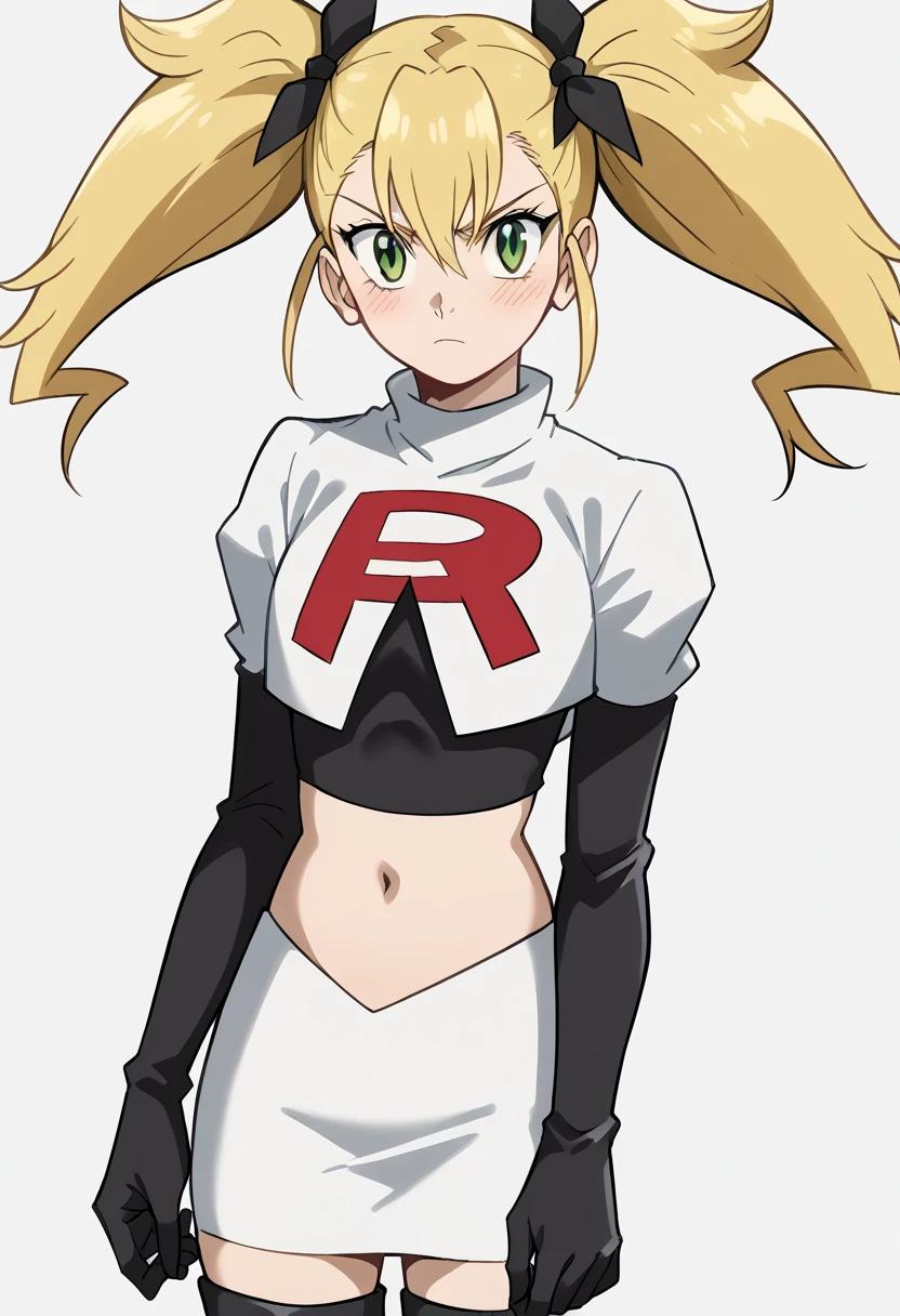 score_9, score_8_up, score_7_up, source_anime, kikoru shinomiya, long hair, blonde hair, ribbon, twintails, green eyes, hair between eyes,, blush, looking at viewer, solo,, cowboy shot, team rocket,team rocket uniform,white skirt,red letter R,crop top,black thigh-highs,black elbow gloves