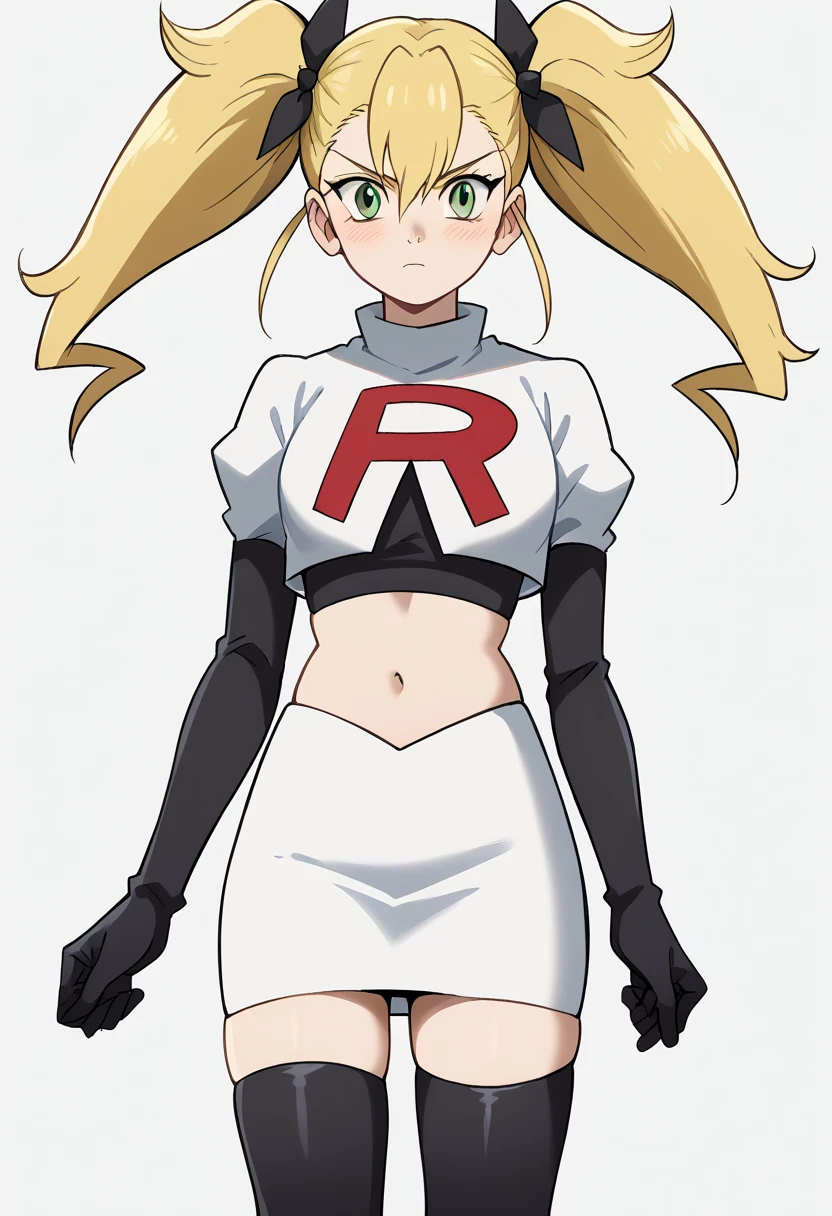 score_9, score_8_up, score_7_up, source_anime, kikoru shinomiya, long hair, blonde hair, ribbon, twintails, green eyes, hair between eyes,, blush, looking at viewer, solo,, cowboy shot, team rocket,team rocket uniform,white skirt,red letter R,crop top,black thigh-highs,black elbow gloves