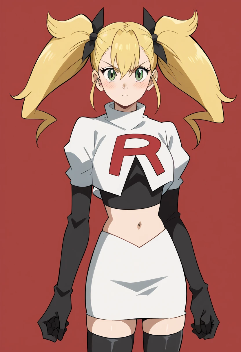 score_9, score_8_up, score_7_up, source_anime, kikoru shinomiya, long hair, blonde hair, ribbon, twintails, green eyes, hair between eyes,, blush, looking at viewer, solo,, cowboy shot, team rocket,team rocket uniform,white skirt,red letter R,crop top,black thigh-highs,black elbow gloves