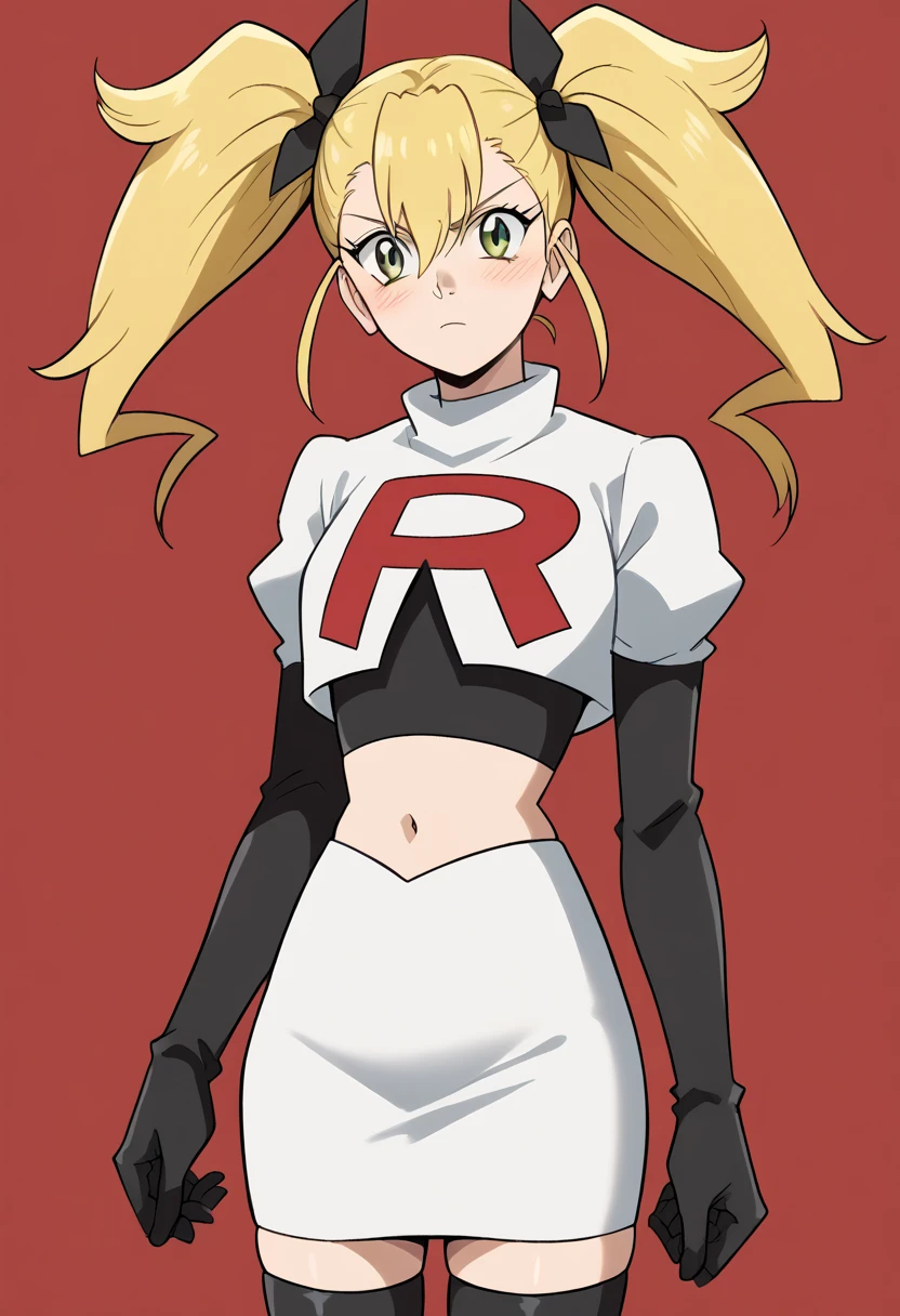 score_9, score_8_up, score_7_up, source_anime, kikoru shinomiya, long hair, blonde hair, ribbon, twintails, green eyes, hair between eyes,, blush, looking at viewer, solo,, cowboy shot, team rocket,team rocket uniform,white skirt,red letter R,crop top,black thigh-highs,black elbow gloves