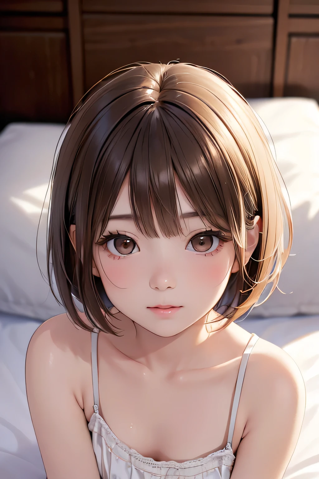  top quality ,  face focus,  soft light,  super high res, ( photo realistic:1.4),  RAW photos ,  1 Japanese Girl , solo,  cute, ( shy smile :0.5), ( brown eyes,  light in the eyes ),  detailed and beautiful face , ( human skin texture high resolution detail), ( short bob hair),  camisole,  White clothes, dark bedroom ,The bed with the lights off