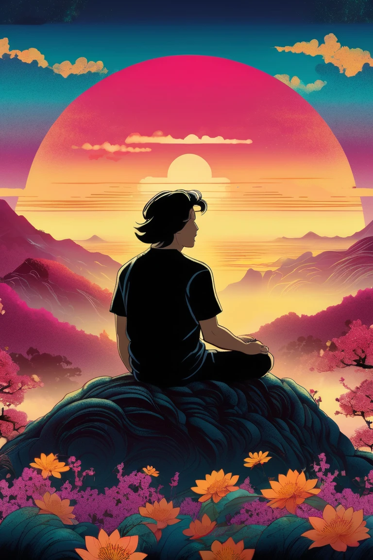   a poster of a man with his back sitting on his back on the top of a mountain with flowers meditating in natural, with black wavy hair and a basic black t-shirt and in the background a distant city with some tall and faint buildings. beautiful  movie poster ,  Key art of the film ,  movie poster without text ,  movie poster ,  movie poster , movie poster style ,  film grain,  concept art of the film , ,  cinematic wallpaper 4k ,  cinematic wallpaper 4k , filmic,  cinematic atmosphere , , film records, vibrant colors,  inspired by graphic novel ,  Detailed comic art ,, in the style of Japanese woodcuts mixed with realism realism ,  luminous and dreamlike scenes, with some magenta tones