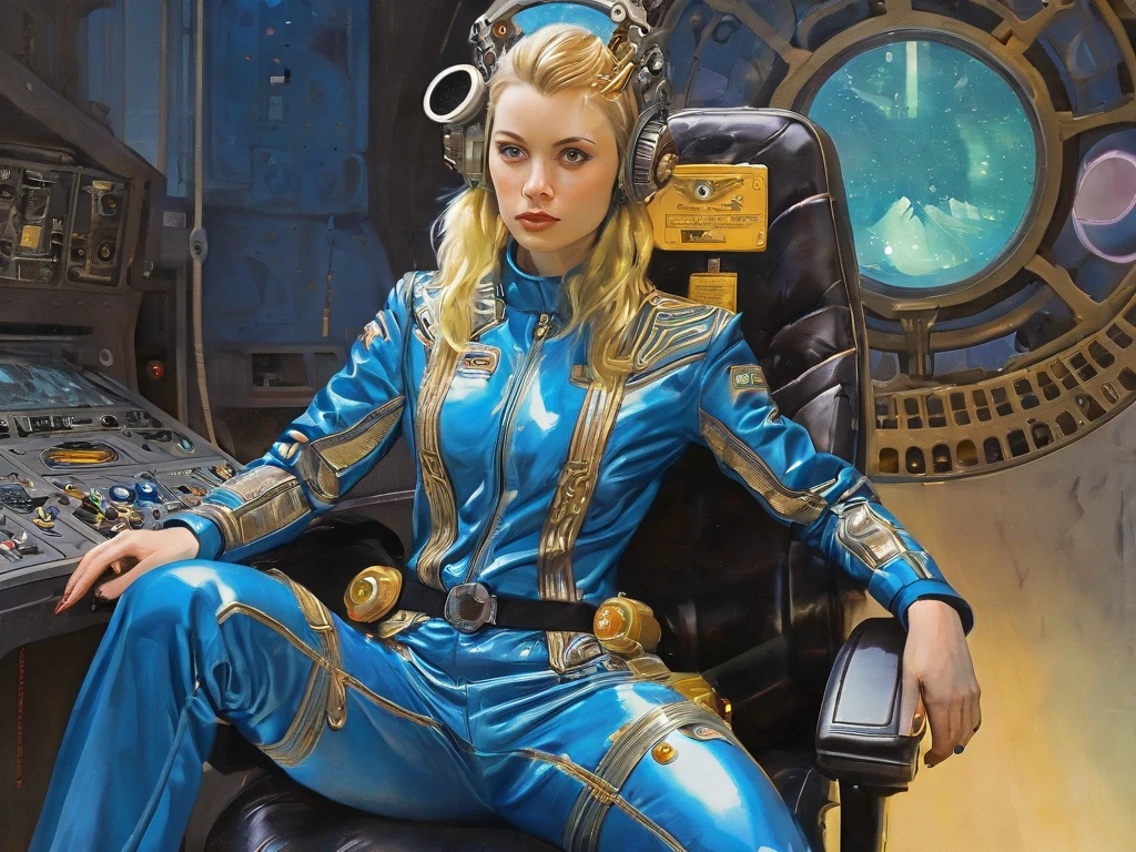 A beautiful and aristocratic 20-year-old blonde Swedish woman sitting in the cockpit of a mech. The view is of the cockpit, with her sitting in a pilot seat and holding a control stick in either hand. A cybernetic crown showing intricate details of technology and a gold filigree on it rests on her head. She is wearing a blue silk jumpsuit with glittering gold trim and shiny black technologically advanced combat boots. She has a determined look on her face, and a holographic targeting display in front of her. Pulp science fiction style, watercolor, raypunk, cyberpunk, by Norman Saunders, by Chris Foss , (clear lines:1), by Simon Stålenhag, by Virgil Finlay, by H.R. Geiger, face restoration. (simple background :1.5) crisp vibrant detailed soft painterly digital art, volumetric lighting, natural lighting, realistic lighting, vibrant colors, crisp oil painting, painterly realism, depth of field, subtle soft details, vivid, fresh, striking, by darkgem, by anhes, by dagasi, by atey ghailan, by MilletGustave, by Curbet, by Charlie Bowater, lol art. vintage pulp art, by Earle K. Bergey, by Kelly Freas, by Alex Schomburg, by H. J. Ward, glossy pulp art, Amazing Stories, Weird Tales, 8k, high resolution, best quality 