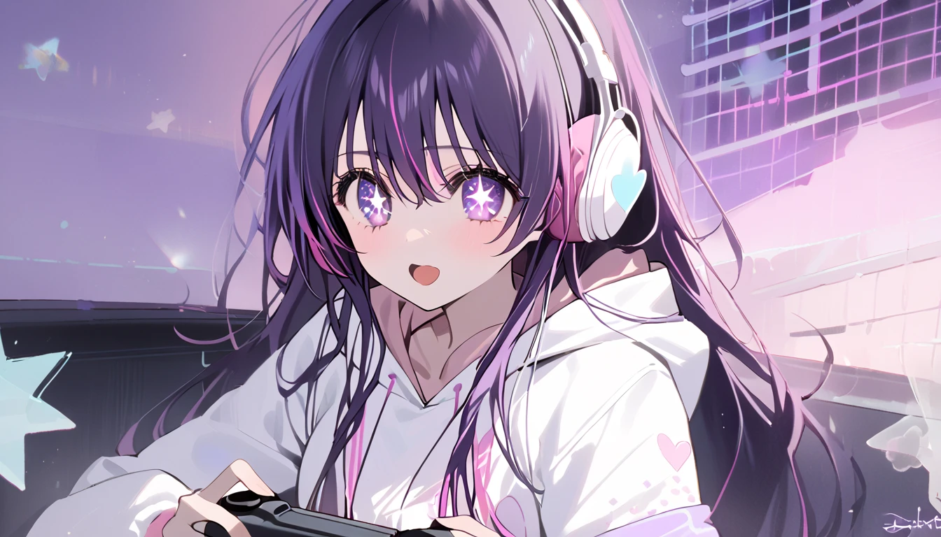 girl, Hoshino Ai, Stars in my eyes, black cap, purple long hair, white hoodie, pastel white ((heart)), wearing headphones, playing games.