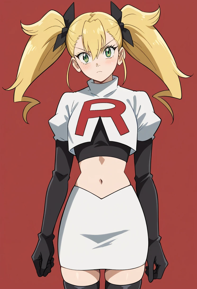 score_9, score_8_up, score_7_up, source_anime, kikoru shinomiya, long hair, blonde hair, ribbon, twintails, green eyes, hair between eyes,, blush, looking at viewer, solo,, cowboy shot, team rocket,team rocket uniform,white skirt,red letter R,crop top,black thigh-highs,black elbow gloves