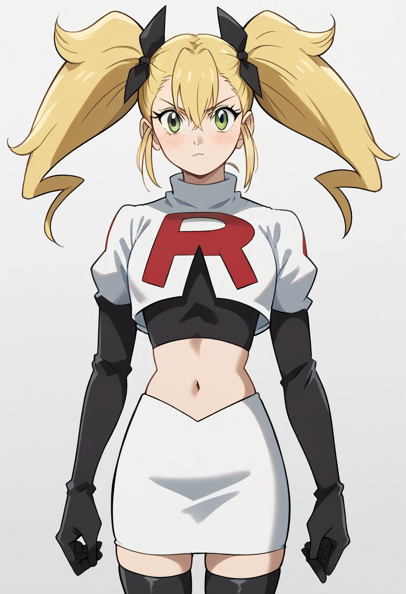 score_9, score_8_up, score_7_up, source_anime, kikoru shinomiya, long hair, blonde hair, ribbon, twintails, green eyes, hair between eyes,, blush, looking at viewer, solo,, cowboy shot, team rocket,team rocket uniform,white skirt,red letter R,crop top,black thigh-highs,black elbow gloves