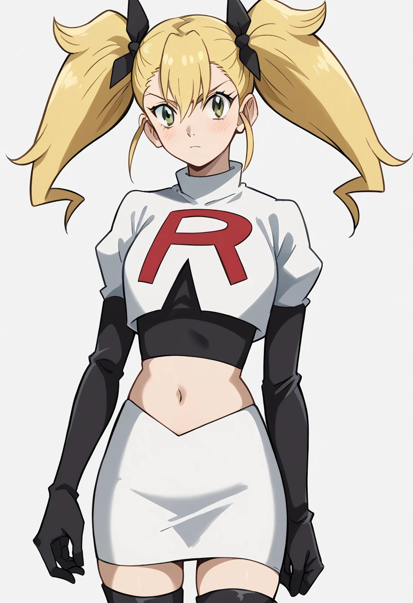 score_9, score_8_up, score_7_up, source_anime, kikoru shinomiya, long hair, blonde hair, ribbon, twintails, green eyes, hair between eyes,, blush, looking at viewer, solo,, cowboy shot, team rocket,team rocket uniform,white skirt,red letter R,crop top,black thigh-highs,black elbow gloves