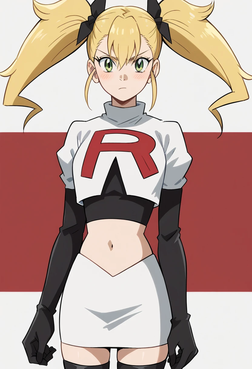 score_9, score_8_up, score_7_up, source_anime, kikoru shinomiya, long hair, blonde hair, ribbon, twintails, green eyes, hair between eyes,, blush, looking at viewer, solo,, cowboy shot, team rocket,team rocket uniform,white skirt,red letter R,crop top,black thigh-highs,black elbow gloves