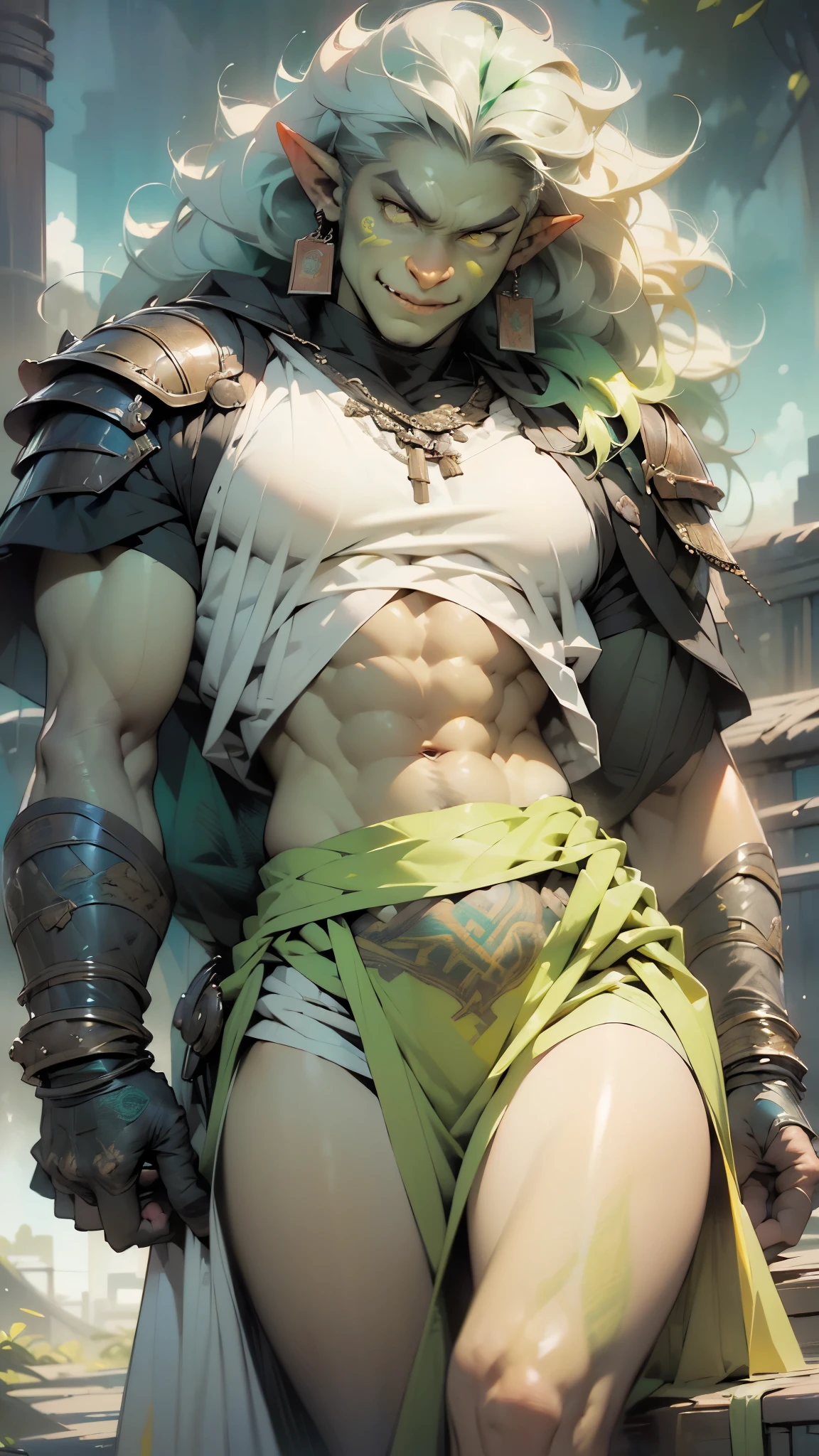 ((orc,orc male)),((pointy ears)),(male:1.5),(muscle,1boy,big muscle,pectoral,big pectoral,muscular,Mature man,man,adult,1 man,old macho man),an extremely detailed face,(((yellow_eyes:1.3))),intricate eyes,beautiful detailed eyes,symmetrical eyes,((athletic)),((muscular:1.5)),((toned body))

(((yellow_eyes:1.3))),intricate eyes,beautiful detailed eyes,symmetrical eyes,(((green colored skin:1.5,very green colored skin:1.5,green skin:1.5))),((muscle legs:1.5,muscular thighs:1.5,muscular:1.5,huge stature,tall stature,((ABS:1.5)),arm muscle:1.5,Strong physique,bulky:1.5)),

(((white hair,long white hair,messy hair:1.5))),

angry,((nsfw)),   

((expression is usually fierce and wild)),

(((armor chest,spike armor))),(green linen tunic, himation),((bulge in tunic)),(earrings),(loincloth),(((elaborate and intricate tattoo,tribal tattoos))),((tribal clothes:1.5)),(barbarian fur crop top),(wearing brown furs and hides),(leather straps),(((red war paint all over his body)))),((intricate outfit,intricate clothes)),(((intricate outfit,intricate clothes,ornate outfit))),

(dynamic pose:1.0),(centered,scale to fit dimensions,Rule of thirds,cowboy shot),

((battlefield)),with dark stormy clouds,scenery:1.25,intricate scenery,((battlefield background)),(Glossy tribal ornaments),

highres,sharp focus,(ultra detailed,extremely detailed),(photorealistic artwork:1.37),(extremely detailed CG unity 8k wallpaper),(((vibrant colors,vibrant theme))),(intricate),(masterpiece),(best quality),artistic photography,(photography taken by sldr),(intricate background),perfect rendered face,perfect face details,realistic face,photo realistic,((intricate detail)),(((realism))),Deep Colors,dark fantasy art,
