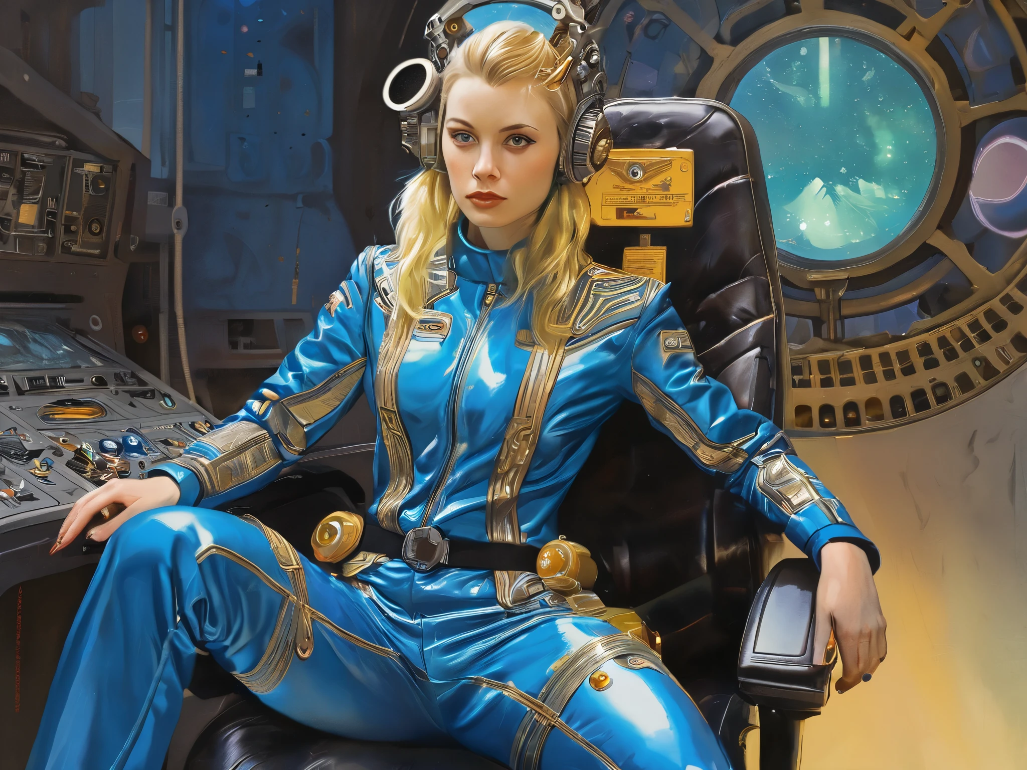 A beautiful and aristocratic 20-year-old blonde Swedish woman sitting in the cockpit of a mech. The view is of the cockpit, with her sitting in a pilot seat and holding a control stick in either hand. A cybernetic crown showing intricate details of technology and a gold filigree on it rests on her head. She is wearing a blue silk jumpsuit with glittering gold trim and shiny black technologically advanced combat boots. She has a determined look on her face, and a holographic targeting display in front of her. Pulp science fiction style, watercolor, raypunk, cyberpunk, by Norman Saunders, by Chris Foss , (clear lines:1), by Simon Stålenhag, by Virgil Finlay, by H.R. Geiger, face restoration. (simple background :1.5) crisp vibrant detailed soft painterly digital art, volumetric lighting, natural lighting, realistic lighting, vibrant colors, crisp oil painting, painterly realism, depth of field, subtle soft details, vivid, fresh, striking, by darkgem, by anhes, by dagasi, by atey ghailan, by MilletGustave, by Curbet, by Charlie Bowater, lol art. vintage pulp art, by Earle K. Bergey, by Kelly Freas, by Alex Schomburg, by H. J. Ward, glossy pulp art, Amazing Stories, Weird Tales, 8k, high resolution, best quality 