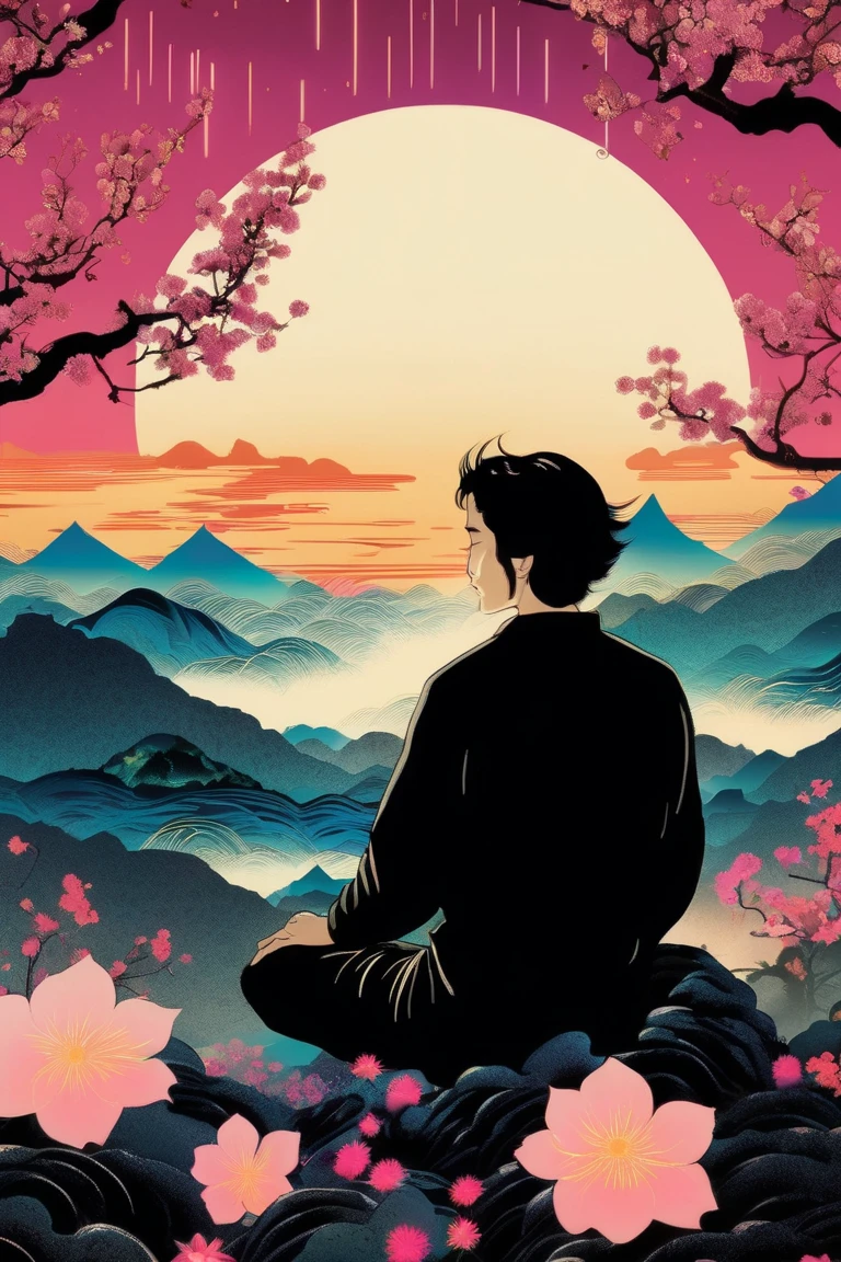   a poster of a man sitting on his back on the top of a mountain with flowers meditating in natural, with black wavy hair and a basic black t-shirt and in the background a distant city with tall and faint buildings. beautiful  movie poster ,  Key art of the film ,  movie poster without text ,  movie poster ,  movie poster , movie poster style ,  film grain,  concept art of the film , ,  cinematic wallpaper 4k ,  cinematic wallpaper 4k , filmic,  cinematic atmosphere , , film records, vibrant colors,  inspired by graphic novel ,  Detailed comic art ,, in the style of Japanese woodcuts mixed with realism realism ,  luminous and dreamlike scenes, with some magenta tones