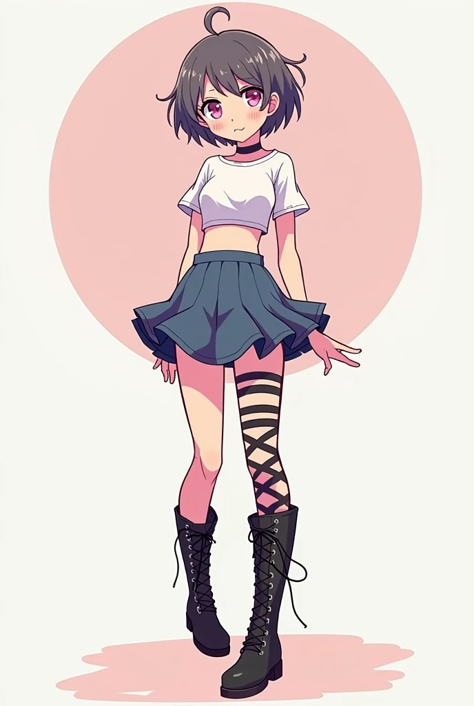 score_9, score_8_up, score_7_up, score_6_up, score_5_up, score_4_up, outside, forest, medium light, creo plant, looking at viewer, red eyes, half-closed eyes, grin, female, solo, human, black hair, pigtails, swept bangs, cross hair accessory, Big chested, walking on grass, pink transparent tank top, black skirt, small spiked collar, bead bracelet, knee socks, black stockings.