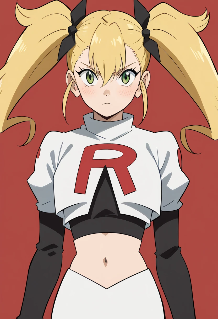 score_9, score_8_up, score_7_up, source_anime, kikoru shinomiya, long hair, blonde hair, ribbon, twintails, green eyes, hair between eyes,, blush, looking at viewer, solo,, cowboy shot, team rocket,team rocket uniform,white skirt,red letter R,crop top,black thigh-highs,black elbow gloves