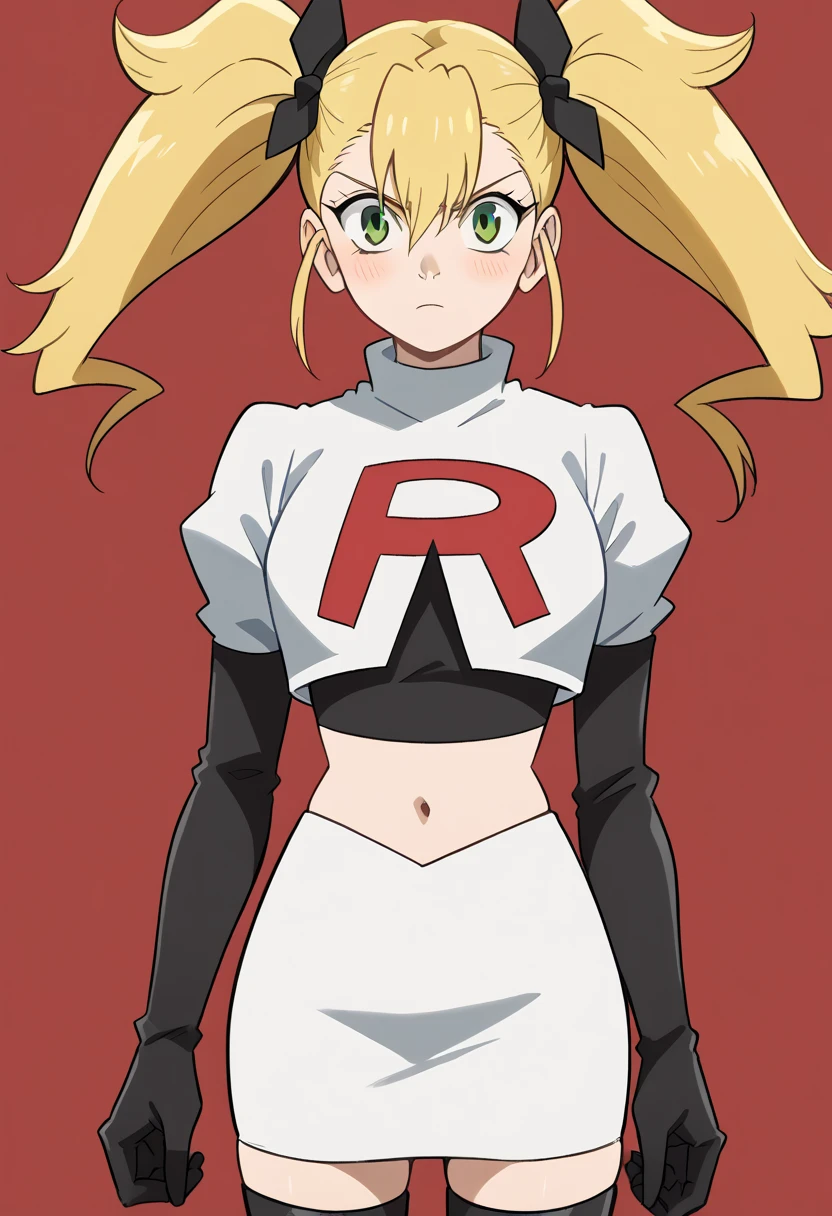 score_9, score_8_up, score_7_up, source_anime, kikoru shinomiya, long hair, blonde hair, ribbon, twintails, green eyes, hair between eyes,, blush, looking at viewer, solo,, cowboy shot, team rocket,team rocket uniform,white skirt,red letter R,crop top,black thigh-highs,black elbow gloves