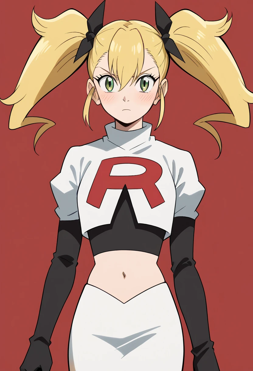 score_9, score_8_up, score_7_up, source_anime, kikoru shinomiya, long hair, blonde hair, ribbon, twintails, green eyes, hair between eyes,, blush, looking at viewer, solo,, cowboy shot, team rocket,team rocket uniform,white skirt,red letter R,crop top,black thigh-highs,black elbow gloves