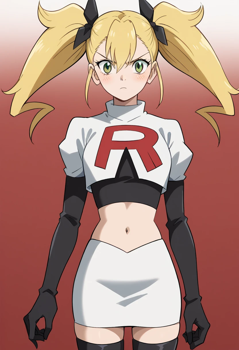 score_9, score_8_up, score_7_up, source_anime, kikoru shinomiya, long hair, blonde hair, ribbon, twintails, green eyes, hair between eyes,, blush, looking at viewer, solo,, cowboy shot, team rocket,team rocket uniform,white skirt,red letter R,crop top,black thigh-highs,black elbow gloves