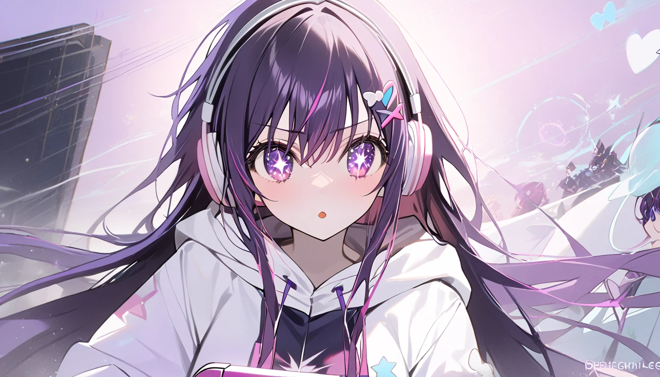 1 girl, Hoshino Ai, Stars in my eyes, black cap, purple long hair, white hoodie, pastel white ((heart)), wearing headphones, playing games.