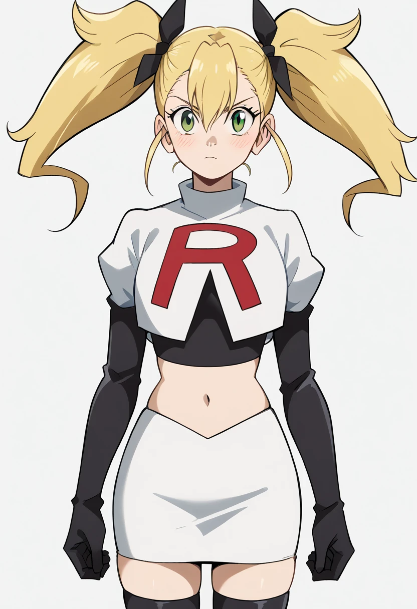 score_9, score_8_up, score_7_up, source_anime, kikoru shinomiya, long hair, blonde hair, ribbon, twintails, green eyes, hair between eyes,, blush, looking at viewer, solo,, cowboy shot, team rocket,team rocket uniform,white skirt,red letter R,crop top,black thigh-highs,black elbow gloves