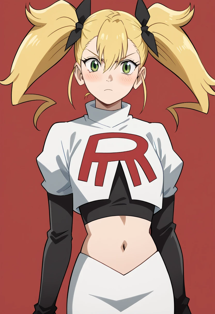 score_9, score_8_up, score_7_up, source_anime, kikoru shinomiya, long hair, blonde hair, ribbon, twintails, green eyes, hair between eyes,, blush, looking at viewer, solo,, cowboy shot, team rocket,team rocket uniform,white skirt,red letter R,crop top,black thigh-highs,black elbow gloves