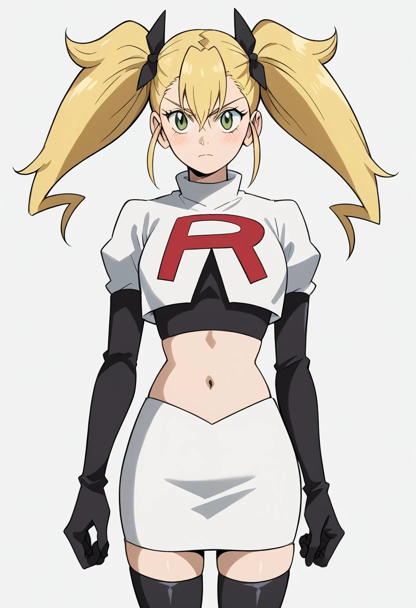 score_9, score_8_up, score_7_up, source_anime, kikoru shinomiya, long hair, blonde hair, ribbon, twintails, green eyes, hair between eyes,, blush, looking at viewer, solo,, cowboy shot, team rocket,team rocket uniform,white skirt,red letter R,crop top,black thigh-highs,black elbow gloves