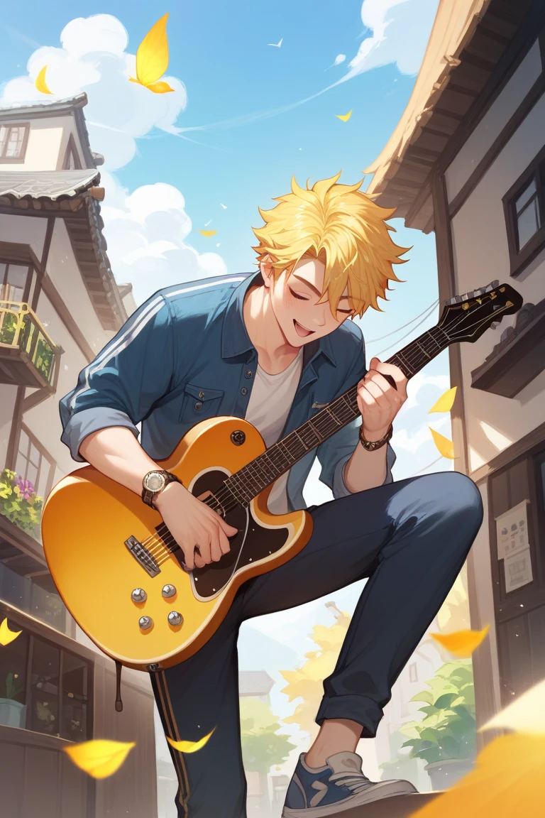 Korean Manhwa style An outgoing friendly cute tall man in his late 20s who lives in town with yellow hair who is brimming with youthful energy. He loves playing guitar 