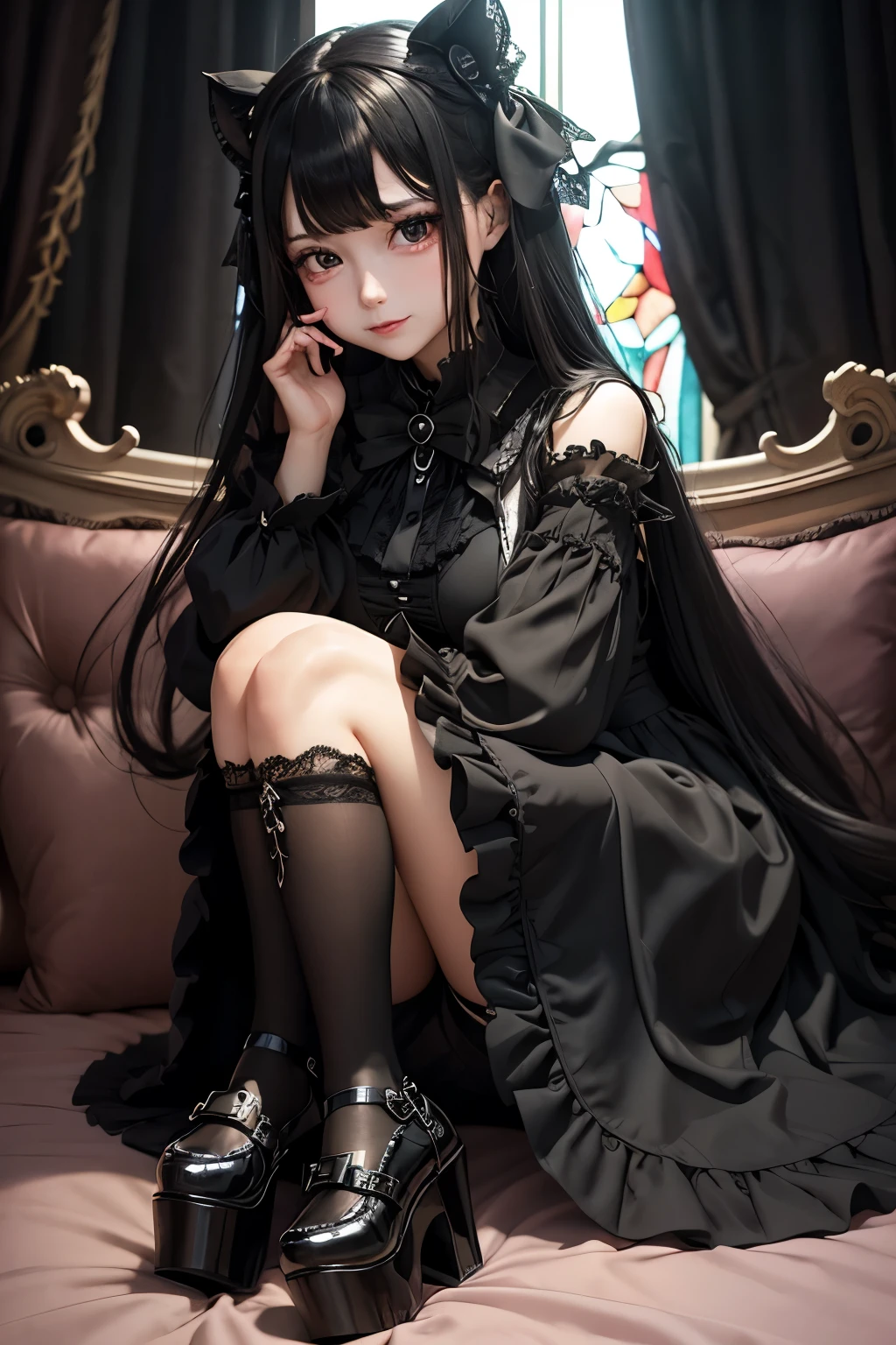 Araffe dressed in a black dress sitting on a bed - SeaArt AI
