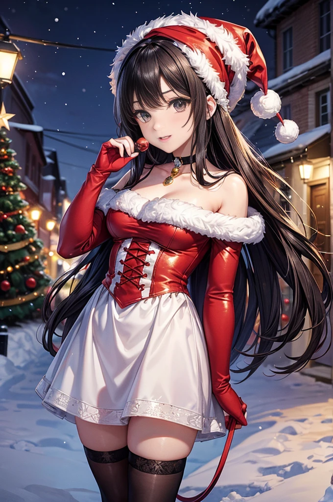 ((worst quality, low-quality)), ((a closeup)), (girl with:1.2),  (big breasts), (A dark-haired, short-cut:1.3), (Dynamic Pose:1.2),plump shiny lips, Beautiful clear eyes, (The best smile), Spoken Heart, (perfect hand:1.2), (white and red theme:1.5), (santa-claus hat:1.3), (wearing a (red vest:1.1) over a white collared-blouse:1.4), ((puff sleeves, short sleeves):1.3), (white thighhighs:1.3), (sheer red Evening gloves with lace detailed embroidery:1.3), (white fluffy fur:1.2), (red platform HIGH boots:1.1), 
(red and green theme:1.4), (green tie:1.4), ([red and green [plaid pattern]] pleated skirt:1.4), (green pleated skirt:1.1), low angle shot, masutepiece,Best Quality,ultra-detailliert, ​masterpiece,