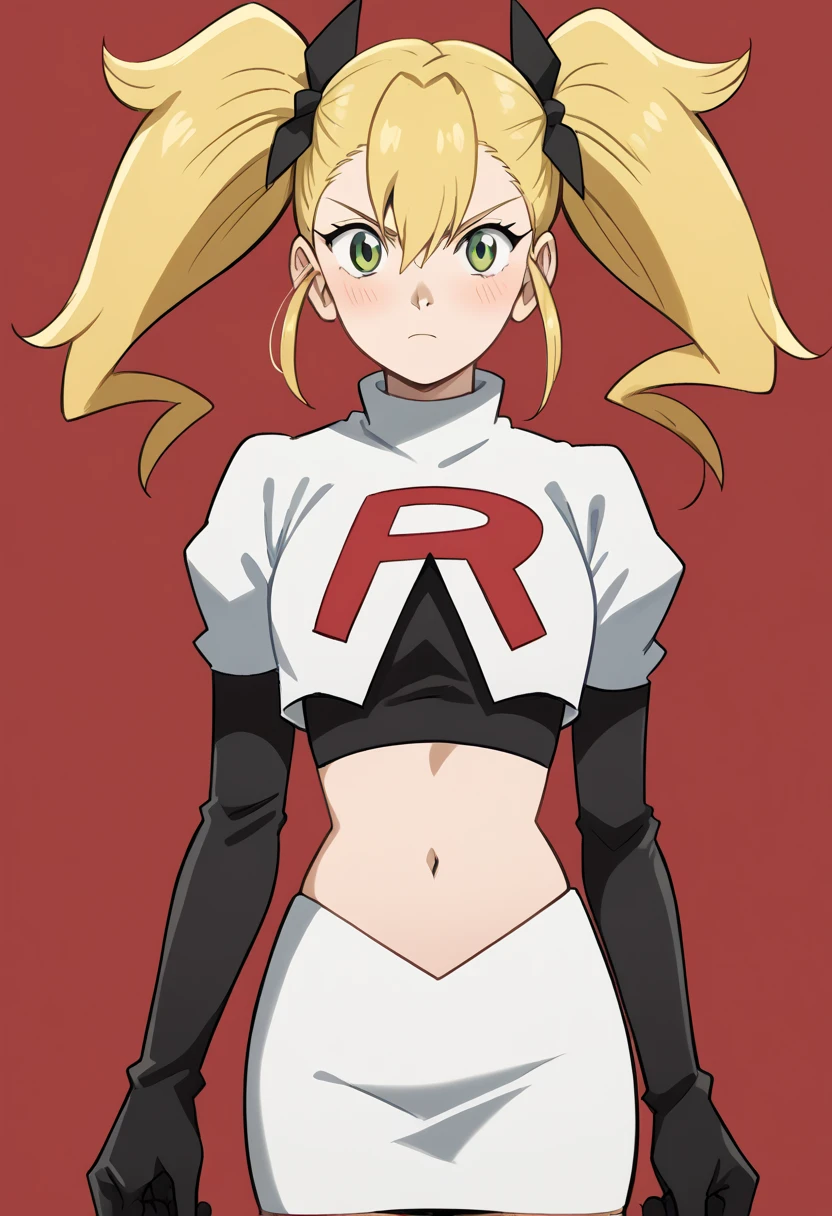 score_9, score_8_up, score_7_up, source_anime, kikoru shinomiya, long hair, blonde hair, ribbon, twintails, green eyes, hair between eyes,, blush, looking at viewer, solo,, cowboy shot, team rocket,team rocket uniform,white skirt,red letter R,crop top,black thigh-highs,black elbow gloves