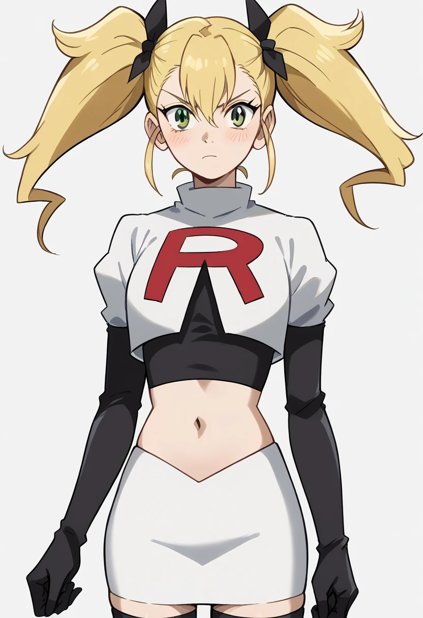 score_9, score_8_up, score_7_up, source_anime, kikoru shinomiya, long hair, blonde hair, ribbon, twintails, green eyes, hair between eyes,, blush, looking at viewer, solo,, cowboy shot, team rocket,team rocket uniform,white skirt,red letter R,crop top,black thigh-highs,black elbow gloves