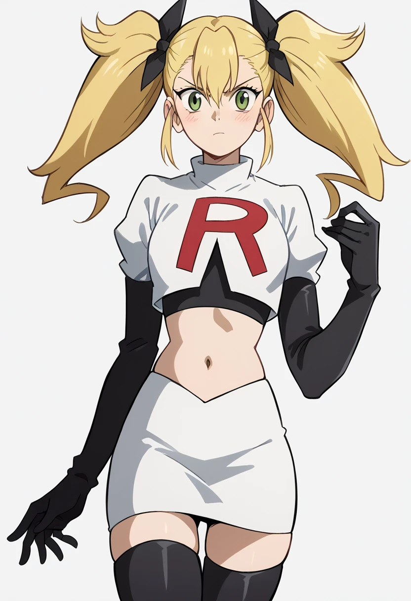 score_9, score_8_up, score_7_up, source_anime, kikoru shinomiya, long hair, blonde hair, ribbon, twintails, green eyes, hair between eyes,, blush, looking at viewer, solo,, cowboy shot, team rocket,team rocket uniform,white skirt,red letter R,crop top,black thigh-highs,black elbow gloves