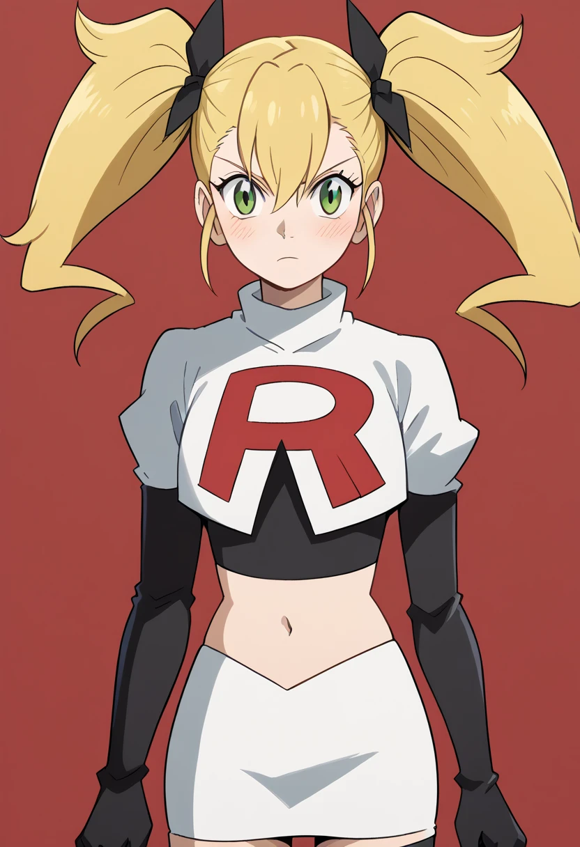 score_9, score_8_up, score_7_up, source_anime, kikoru shinomiya, long hair, blonde hair, ribbon, twintails, green eyes, hair between eyes,, blush, looking at viewer, solo,, cowboy shot, team rocket,team rocket uniform,white skirt,red letter R,crop top,black thigh-highs,black elbow gloves