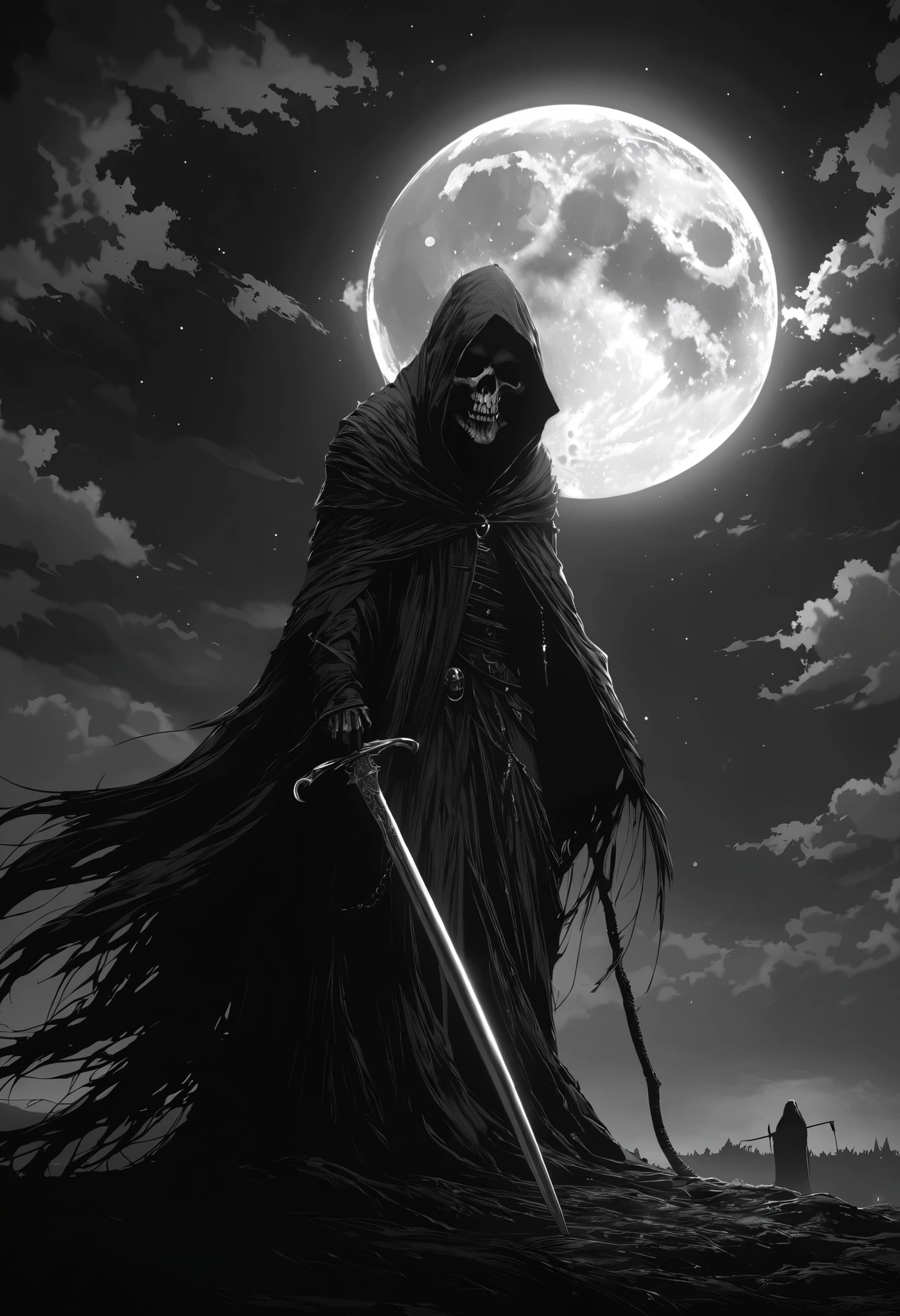 masterpiece, best quality, single creature, grim reaper, dread, looking at viewer, full moon background, black and white theme, highres, 4k, 8k, intricate detail, cinematic lighting, amazing quality, amazing shading, soft lighting, Detailed Illustration, anime style, wallpaper