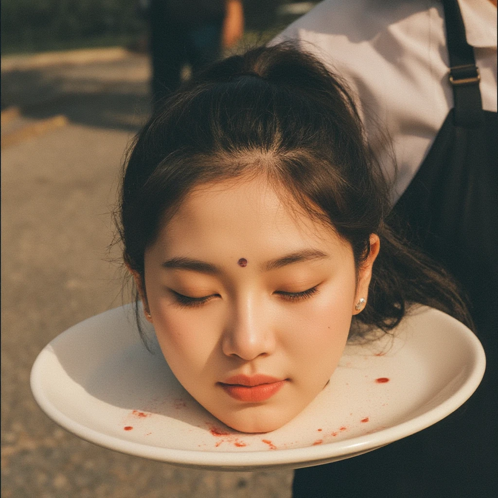 A severed head of a beautiful chubby actress was placed on a platter held by waiter. There were bloodstains around the edges of her neck. The amputated head had a dark ponytail hairstyle, a bindi precisely between her eyebrows, and her eyes were closed. Her mouth was slightly apart, and she wore an earring, a tiny nose ring, and natural makeup. The severed head displayed the full details of her realistic face, and there was no hint of a smile, giving the impression that she was lost in thought rather than lifeless, all set against a backdrop of daylight.