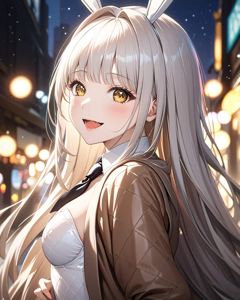 1girl, solo, FHD, Super Detail, top-quality, Very delicate, (upper body), cinematic lighting, ultra detailed, FHD, Super Detail, top-quality, Very delicate, side view, masterpiece, best quality, dynamic angle, incredibly absurdres, high detail eyes, tsurime, cute eyes, smile, open mouth, fang, full body, cute face, from right, turn to the side, blanc, white hair, hair intakes, bangs, very long hair, fake animal ears, yellow eyes, (put on brown winter over size mens fablic coat), open cloth, playboy bunny, detached collar, short necktie, white leotard, cleavage, white fishnet pantyhose, wrist cuffs, medium breasts, polished nails, high heels,((bokeh)), winter, night town, shibuya, light, neon sign, (short focus lens:1.4), 