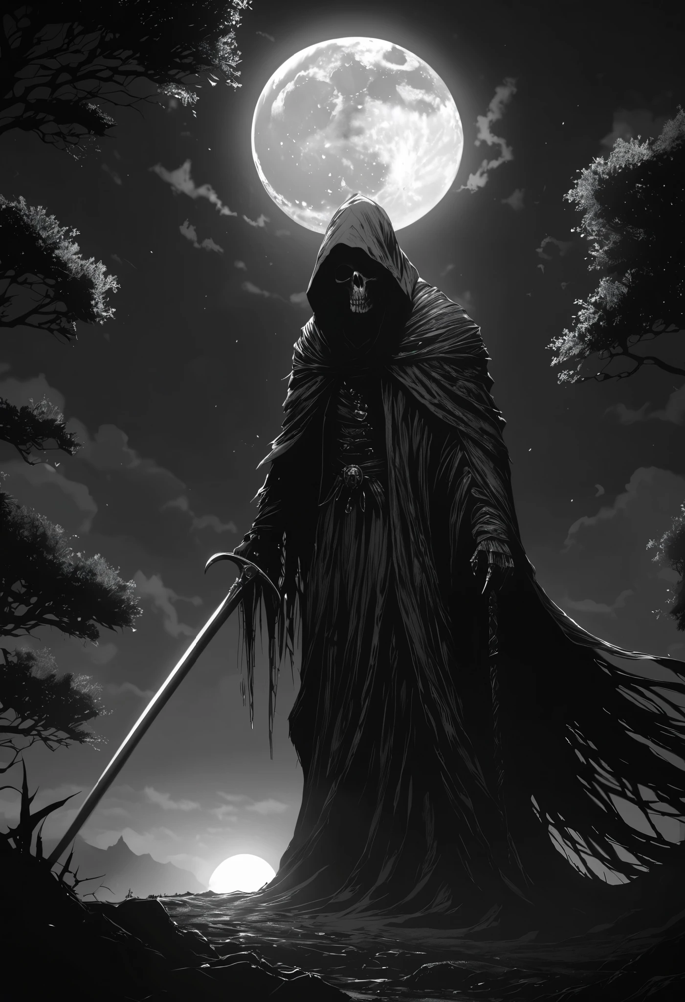 masterpiece, best quality, single creature, grim reaper, dread, full moon background, black and white theme, highres, 4k, 8k, intricate detail, cinematic lighting, amazing quality, amazing shading, soft lighting, Detailed Illustration, anime style, wallpaper