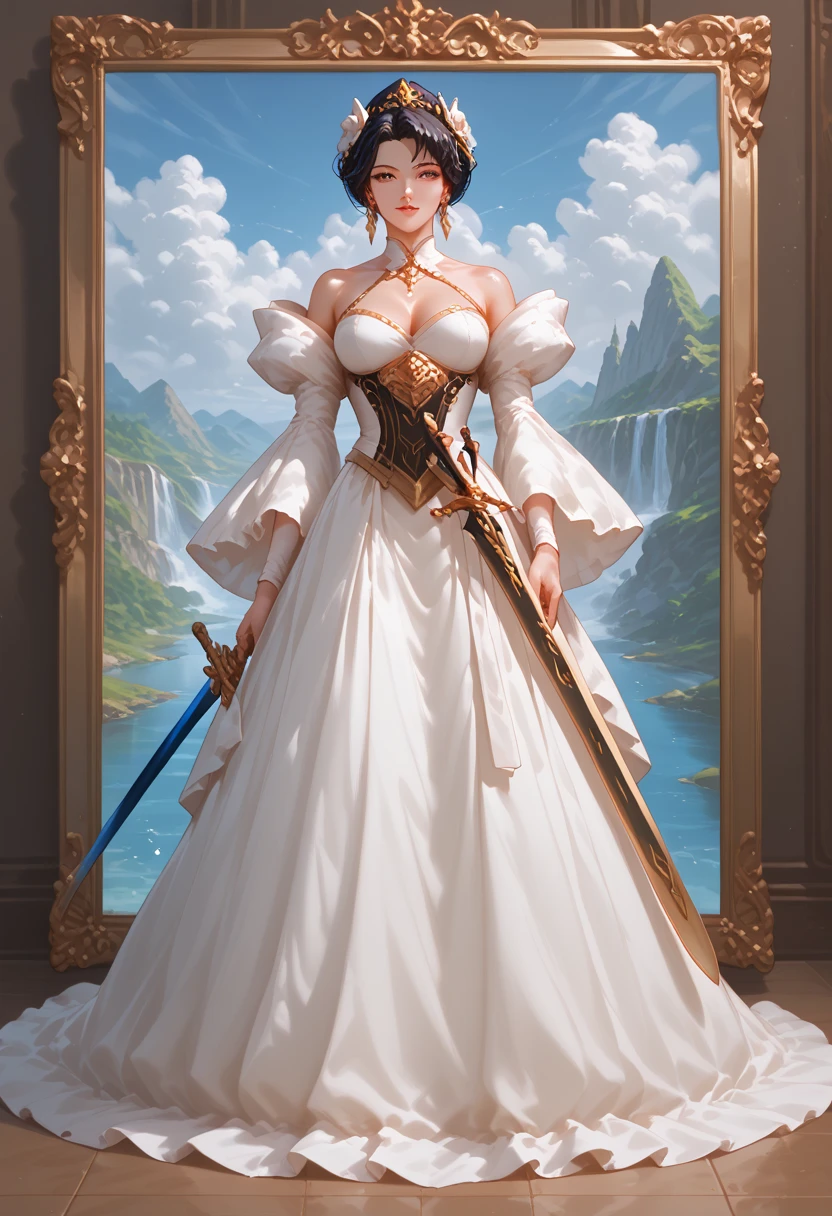 a close up of a woman with a sword in a white dress,  a character portrait by Yang J , tendência no CGSociety,  fantasy art ,  Beautiful character painting , artwork in the style of guweiz, guweiz, Hanfu branco,  flowing white robes , full body wuxia,  epic and exquisite character art ,  stunning character art , beautiful female assassin  