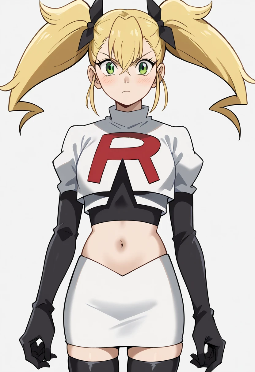 score_9, score_8_up, score_7_up, source_anime, kikoru shinomiya, long hair, blonde hair, ribbon, twintails, green eyes, hair between eyes,, blush, looking at viewer, solo,, cowboy shot, team rocket,team rocket uniform,white skirt,red letter R,crop top,black thigh-highs,black elbow gloves