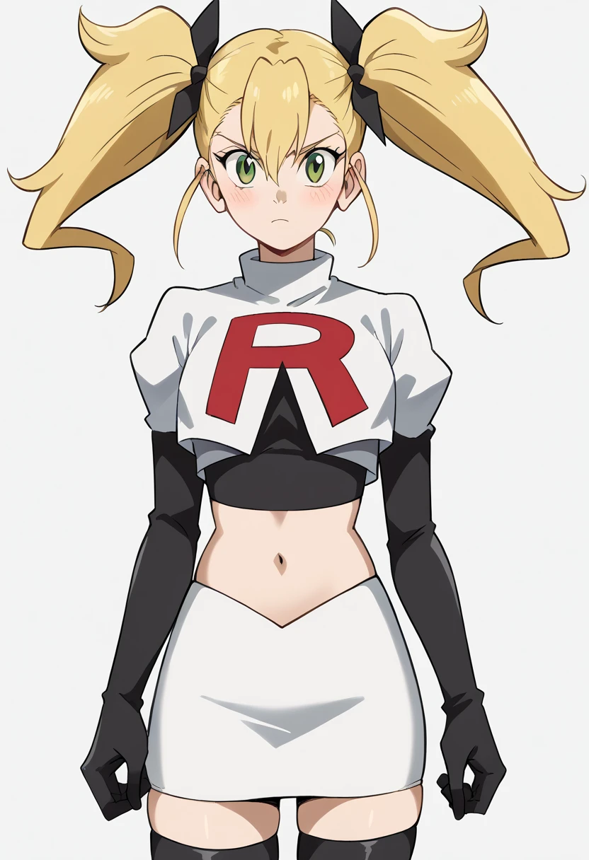 score_9, score_8_up, score_7_up, source_anime, kikoru shinomiya, long hair, blonde hair, ribbon, twintails, green eyes, hair between eyes,, blush, looking at viewer, solo,, cowboy shot, team rocket,team rocket uniform,white skirt,red letter R,crop top,black thigh-highs,black elbow gloves