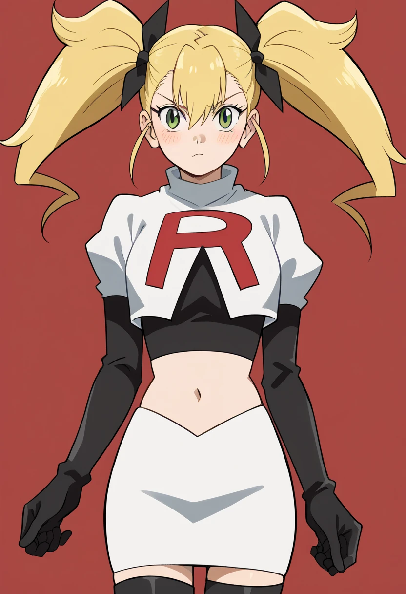 score_9, score_8_up, score_7_up, source_anime, kikoru shinomiya, long hair, blonde hair, ribbon, twintails, green eyes, hair between eyes,, blush, looking at viewer, solo,, cowboy shot, team rocket,team rocket uniform,white skirt,red letter R,crop top,black thigh-highs,black elbow gloves