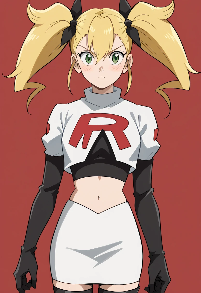 score_9, score_8_up, score_7_up, source_anime, kikoru shinomiya, long hair, blonde hair, ribbon, twintails, green eyes, hair between eyes,, blush, looking at viewer, solo,, cowboy shot, team rocket,team rocket uniform,white skirt,red letter R,crop top,black thigh-highs,black elbow gloves