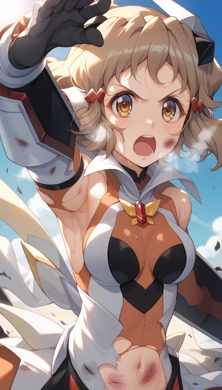  top quality ,  soft light during the cruise,  super high res,  cute, Beautiful face in every detail , high resolution details of human skin texture, shiny skin,sweat,Heat, white breath ,Take a deep breath,Hibiki Tachibana,Brown Hair,, battle costume,Outdoor Arena,sunlight, serious eyes,Ready,Big eyes, Symphogear ,armed gear , open mouth ,Fighting pose,bruised body, has a weapon , hair ornament, torn clothes ,Short Hair